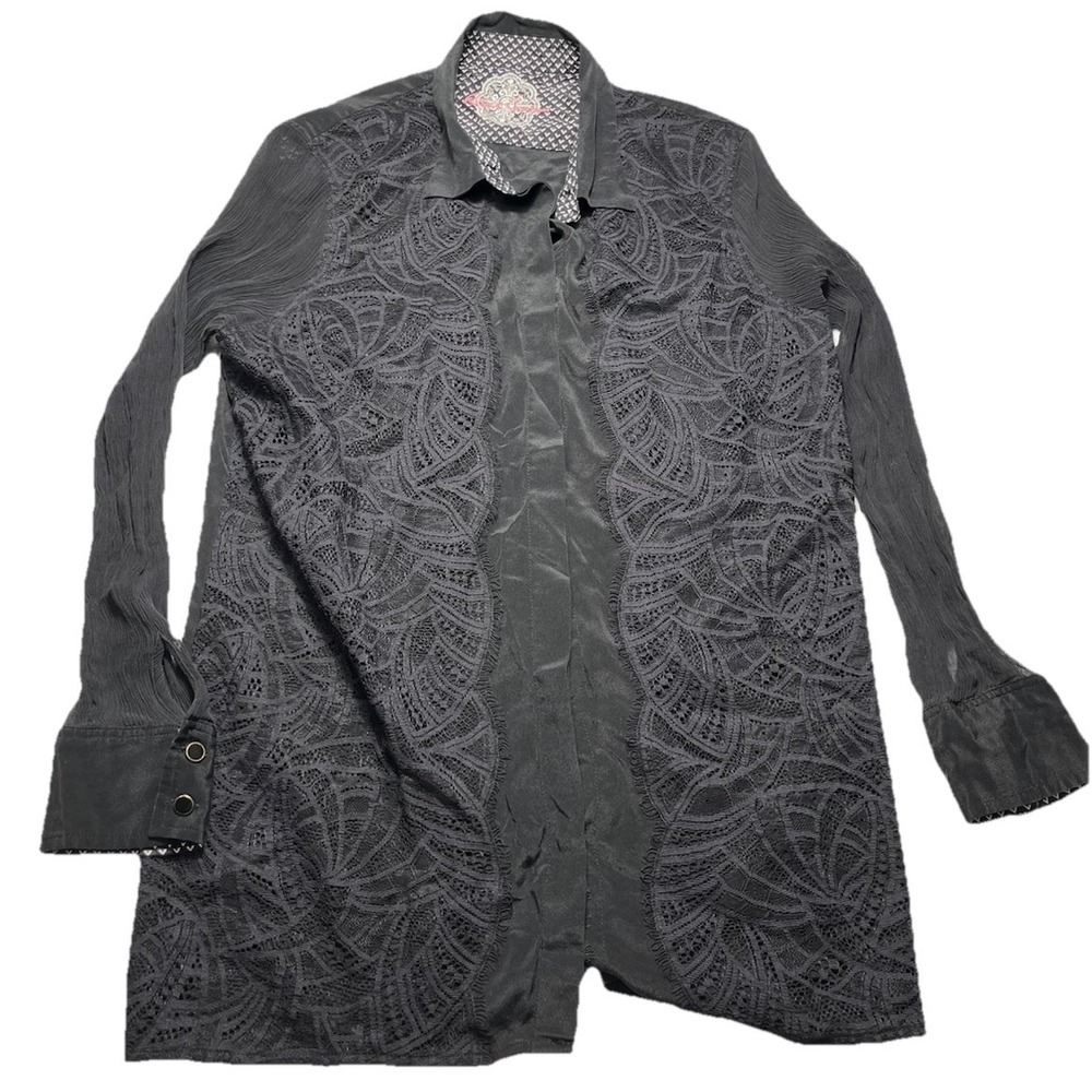 Robert Graham Women's Silk Sheer Embroidered Button Front Blouse Black Paisley S